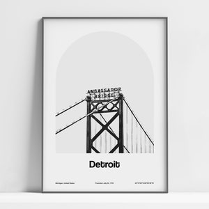 Detroit Bridge Print, Detroit MI Poster, Detroit Ambassador Bridge, Detroit Michigan Black White Wall Art Minimalist Custom City Print