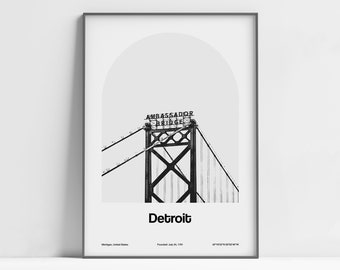 Detroit Bridge Print, Detroit MI Poster, Detroit Ambassador Bridge, Detroit Michigan Black White Wall Art Minimalist Custom City Print