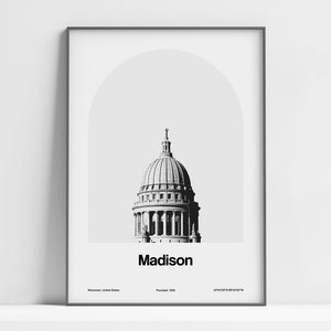 Madison Print, Madison Wisconsin State Capitol Poster, Madison WI Graduation Gift, Madison Wall Art Minimalist Custom Town Arch Print Poster