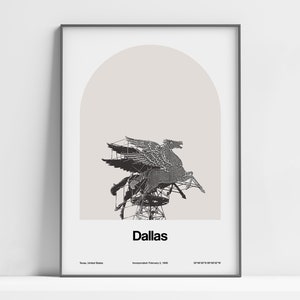 Dallas Print, Pegasus Dallas TX Poster, Dallas Texas Flying Red Horse Dallas Black White, Dallas Wall Art Minimalist Custom City Arch Print
