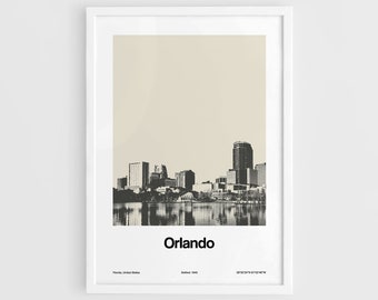 Orlando-tryck, poster med stadssilhuett i centrala Orlando, Florida, svartvit, väggkonst i centrala Florida, minimalistiskt och anpassat stadstryck