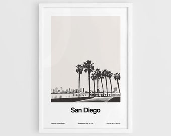 Póster de San Diego, California, impresión de San Diego, arte mural con el paisaje urbano de San Diego, impresión minimalista personalizada de la ciudad de San Diego, CA, de Artica