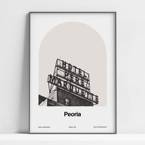 Peoria Print, Peoria IL Poster, Peoria Pere Marquette Hotel Sign Old Photo Print, Downtown Peoria Wall Art Minimalist Custom City Arch Print