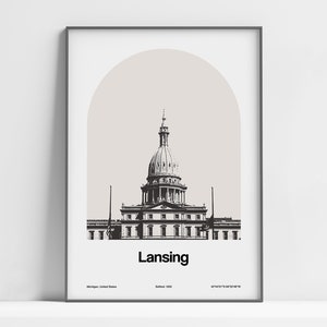 Puede incluir: Una ilustración en blanco y negro del edificio del Capitolio del Estado de Michigan en Lansing, Michigan. El edificio tiene una gran cúpula y está rodeado de un fondo marrón claro. El texto "Lansing" está impreso debajo del edificio, junto con la fecha de fundación de la ciudad y las coordenadas.