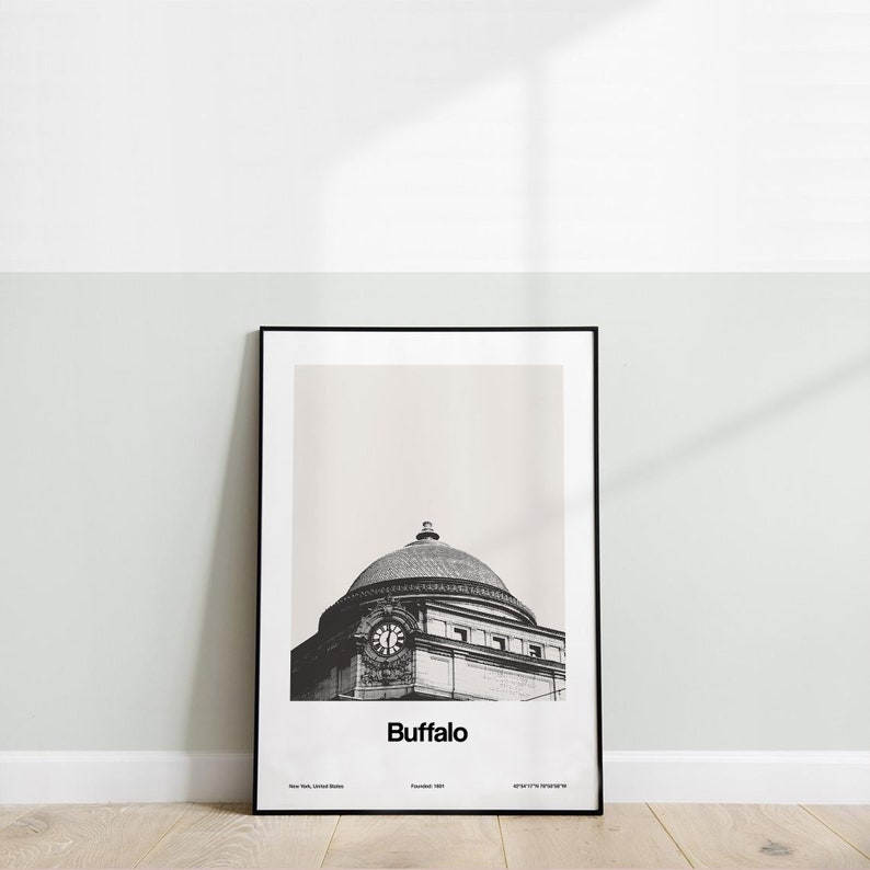 May include: Black and white photograph of a building with a dome and clock tower. The building is labeled "Buffalo" with the text "New York, United States" and "Founded 1891" below.