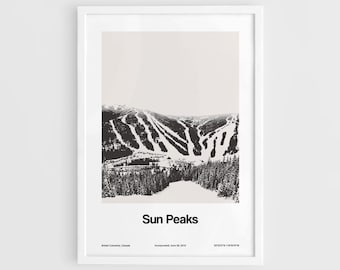 May include: A black and white photograph of a ski resort called Sun Peaks, located in British Columbia, Canada. The image shows a mountain with ski runs and trees.