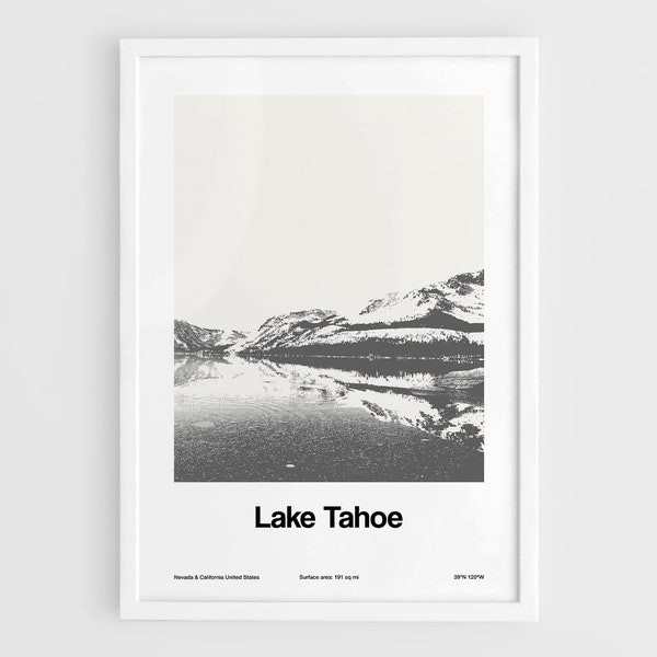 Lake Tahoe Print, Lake Tahoe Landscape Nevada Poster, Lake Tahoe California Black White Photo Wall Art Minimalist Custom Mountains Print