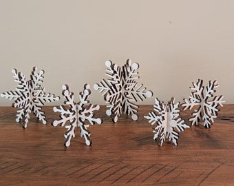 3D Wooden Snowflake Set – Rustic Winter Christmas Décor | Laser Cut Maple Snowflakes | Farmhouse Holiday Table Centerpiece