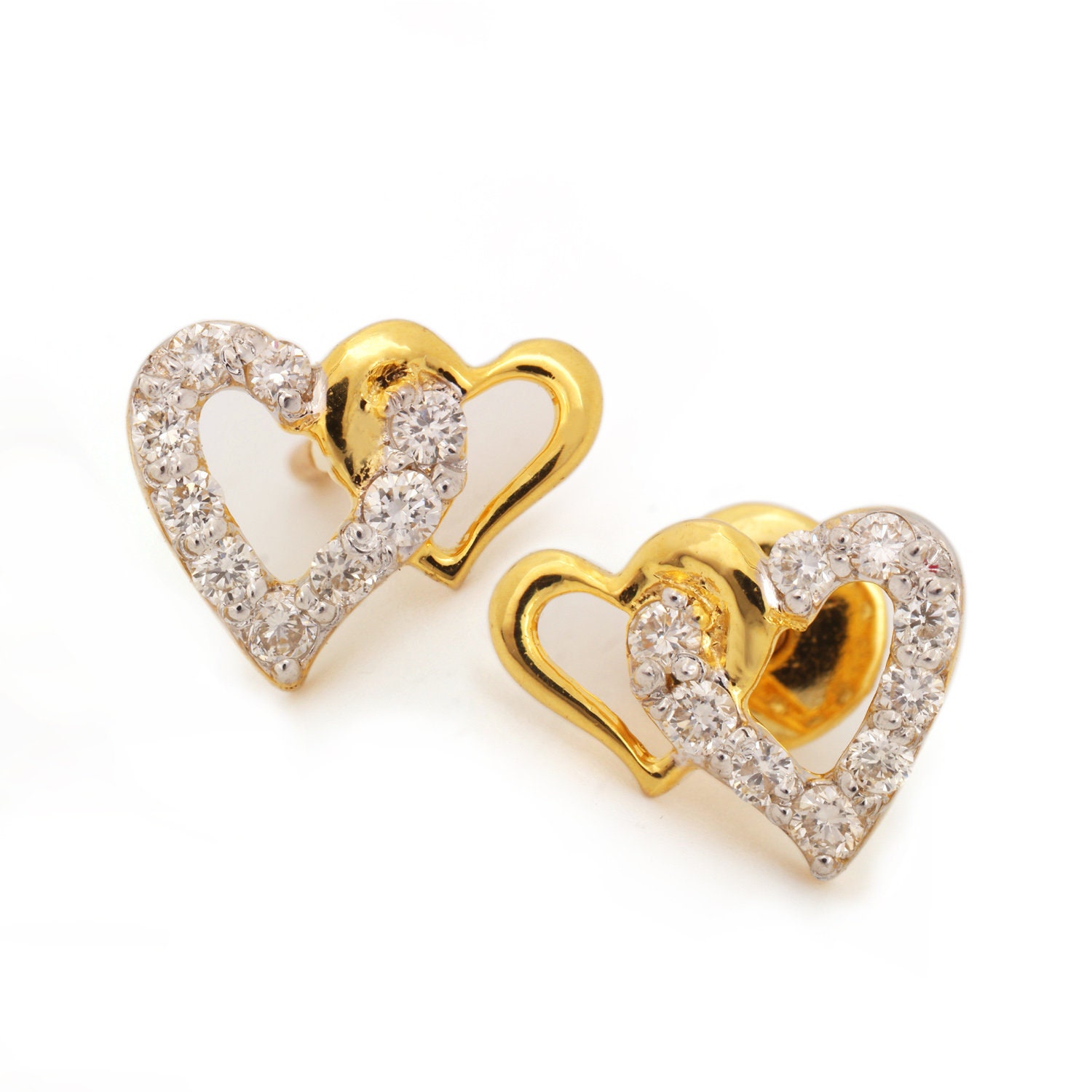14k Yellow Gold Double Heart Stud Earrings Natural Diamond | Etsy
