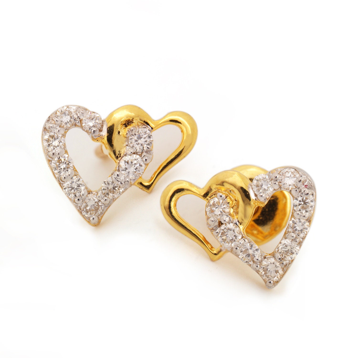14k Yellow Gold Double Heart Stud Earrings Natural Diamond Etsy
