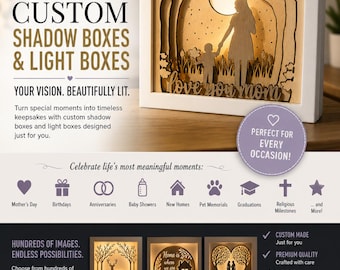 Shadow/Light Boxes for all occasions. Holidays, Graduations, Retirements, Birthdays, Baby Showers and more. Customize to your specific need.