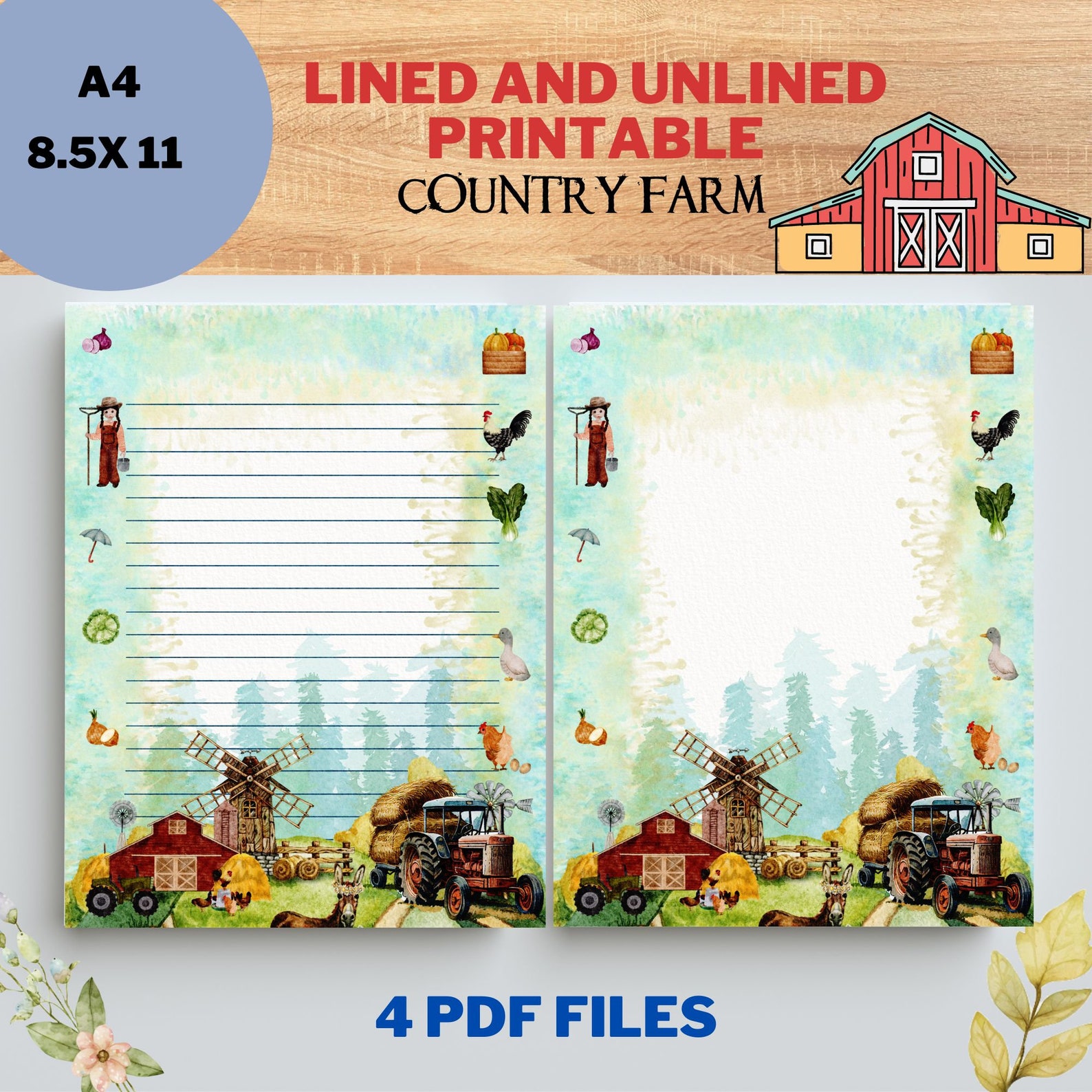 Farmhouse Printable Paper, Printable Stationery Paper, Digital Lined ...