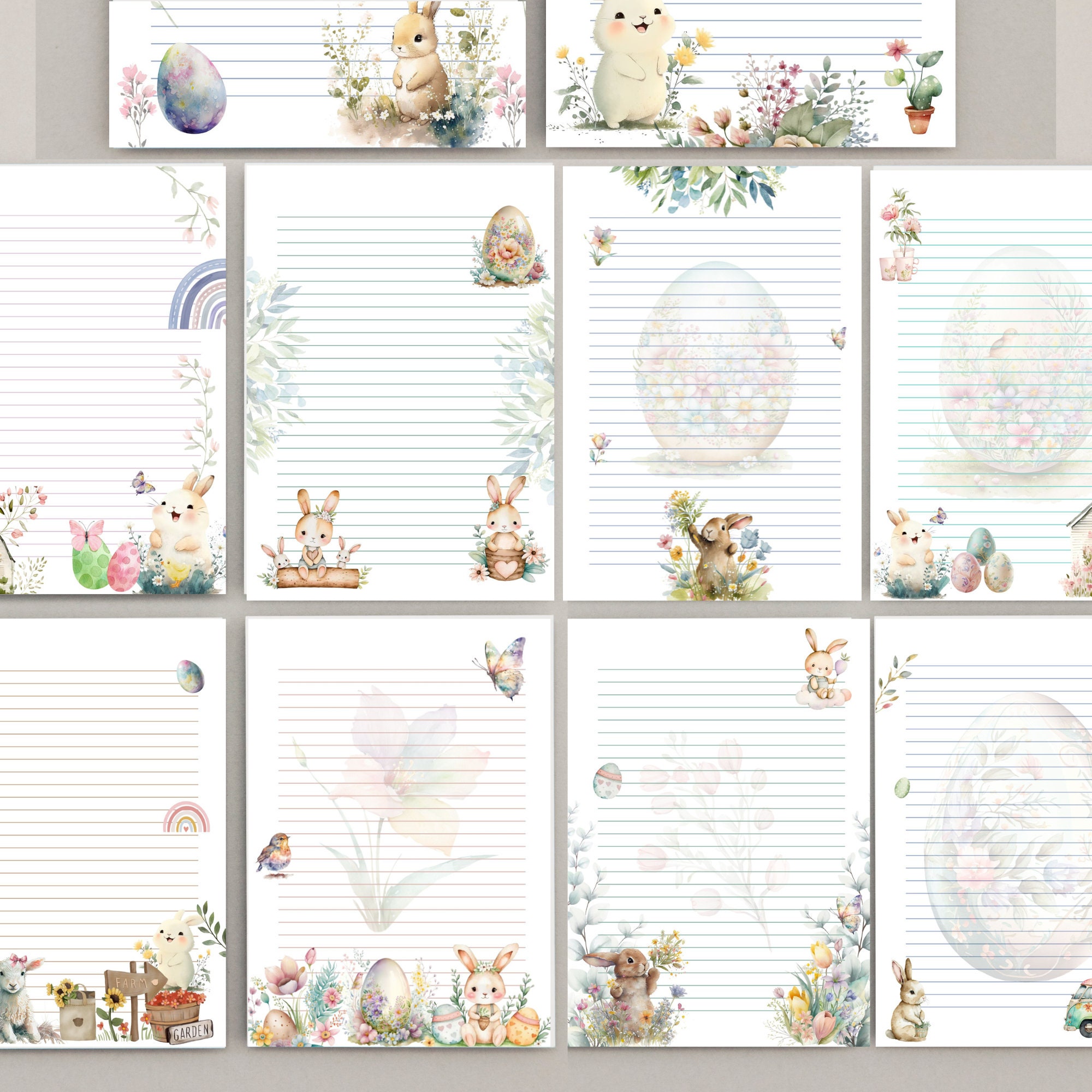 Printable Lined Paper Easter Bunny Eggs, Watercolor, Digital Lined ...