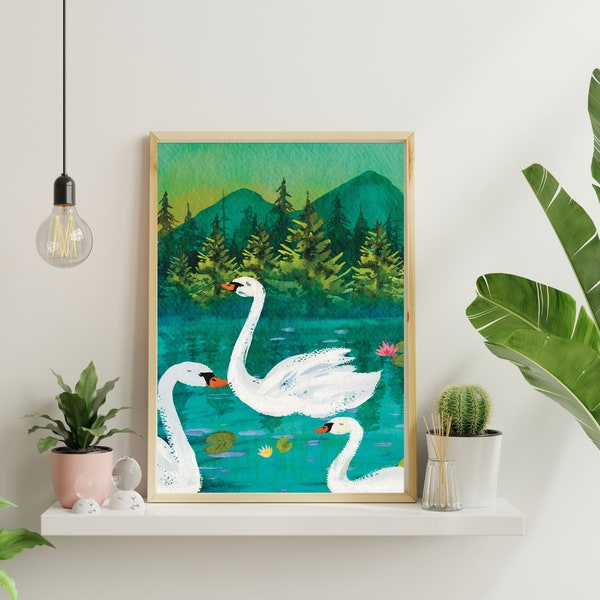 White Swan Painting | Spring Printable Wall Art | Swan in the pond | Rustic Home Decor | Farmhouse Decor | Digital art , Oil and watercolor