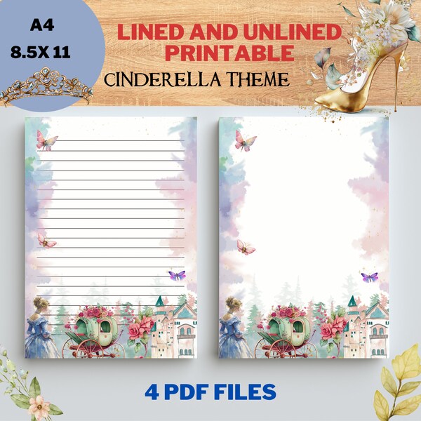 Princess flowers Watercolor Printable Stationery, Digital Lined and Unlined Paper, Digital Note and letter Paper A4,8.5X11 Cinderella