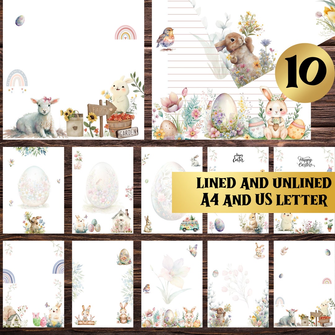 Printable Lined Paper Easter Bunny Eggs, Watercolor, Digital Lined ...