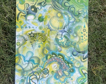 May include: Abstract painting on canvas with a mix of green, yellow, and blue hues. The artwork features organic shapes, swirls, and patterns. The text "this one is from left over paint" is visible at the top.