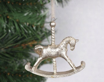 First Christmas Grandson tree decoration wooden rocking horse handcrafted personalised on a greetings card