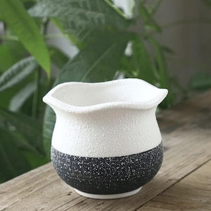 Może przedstawiać: Biała ceramiczna doniczka z czarnym, kropkowanym dnem. Doniczka ma falisty brzeg i fakturowaną powierzchnię.