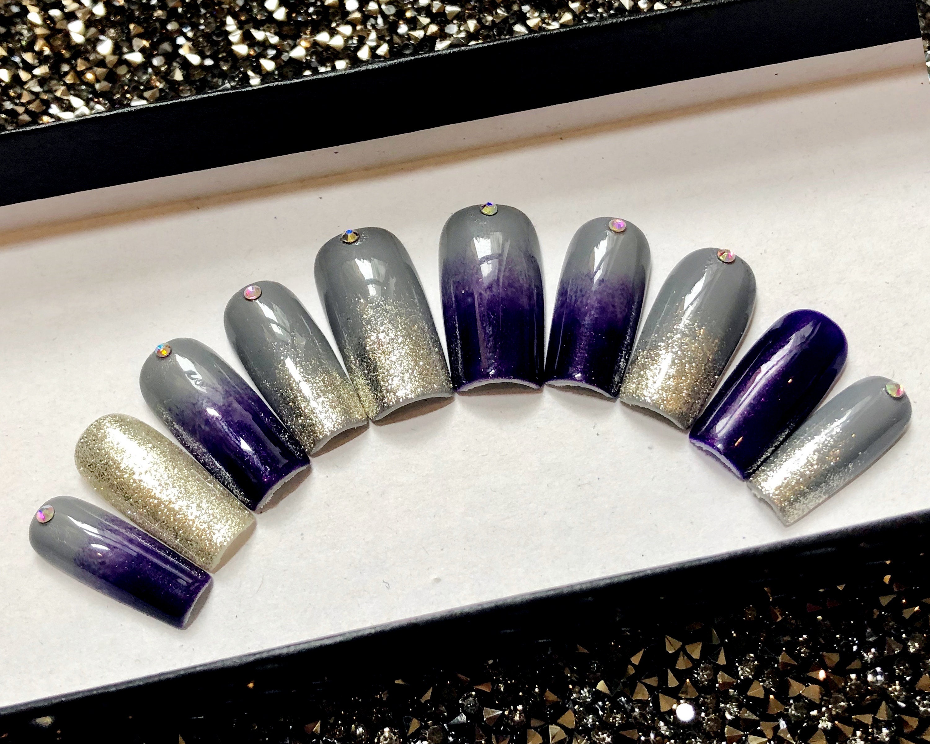 Purple Silver Ombre Long Press On Nails Long Square Glue On | Etsy