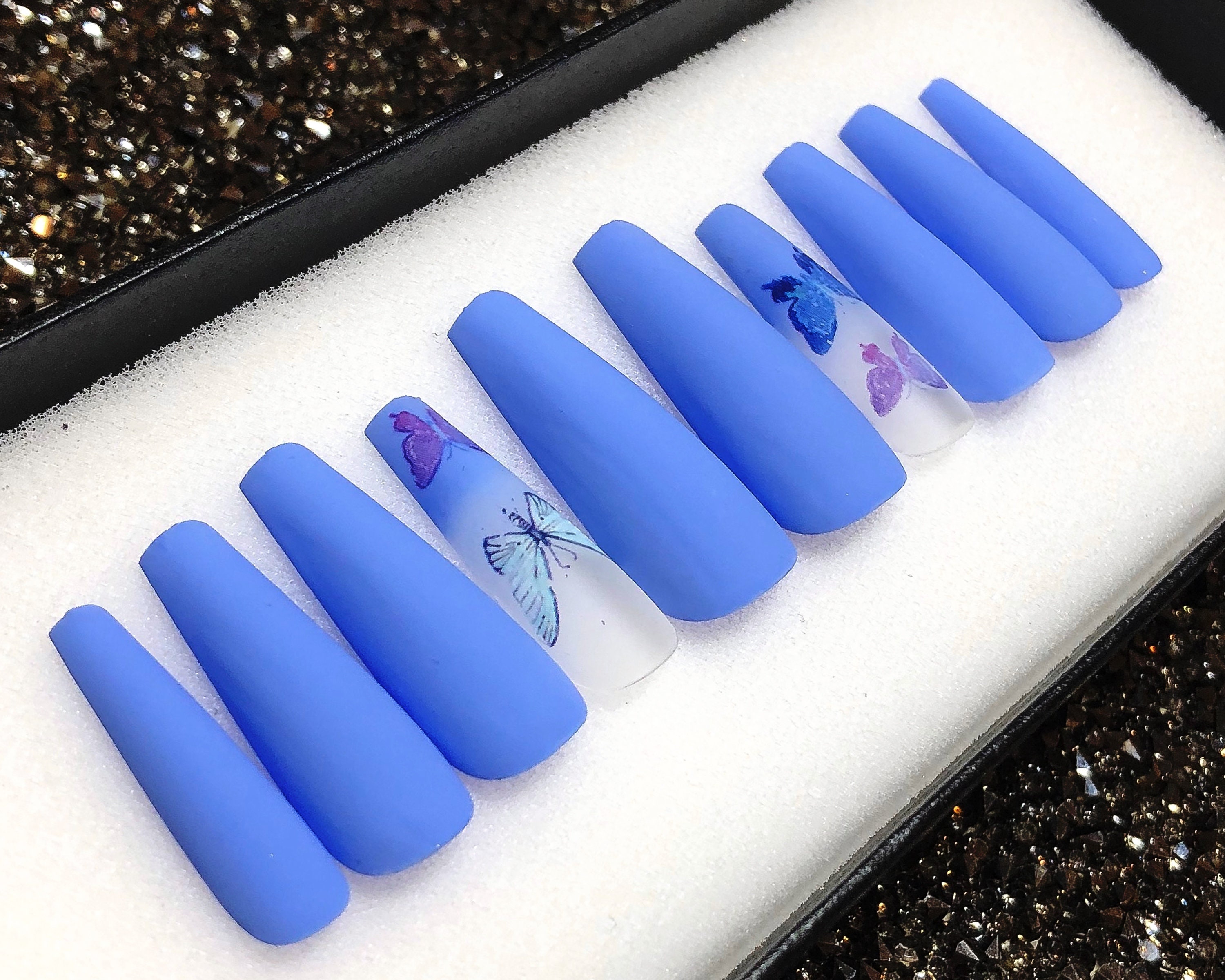 Blue Butterfly Fake Nails Coffin Press On Nails Glue On | Etsy