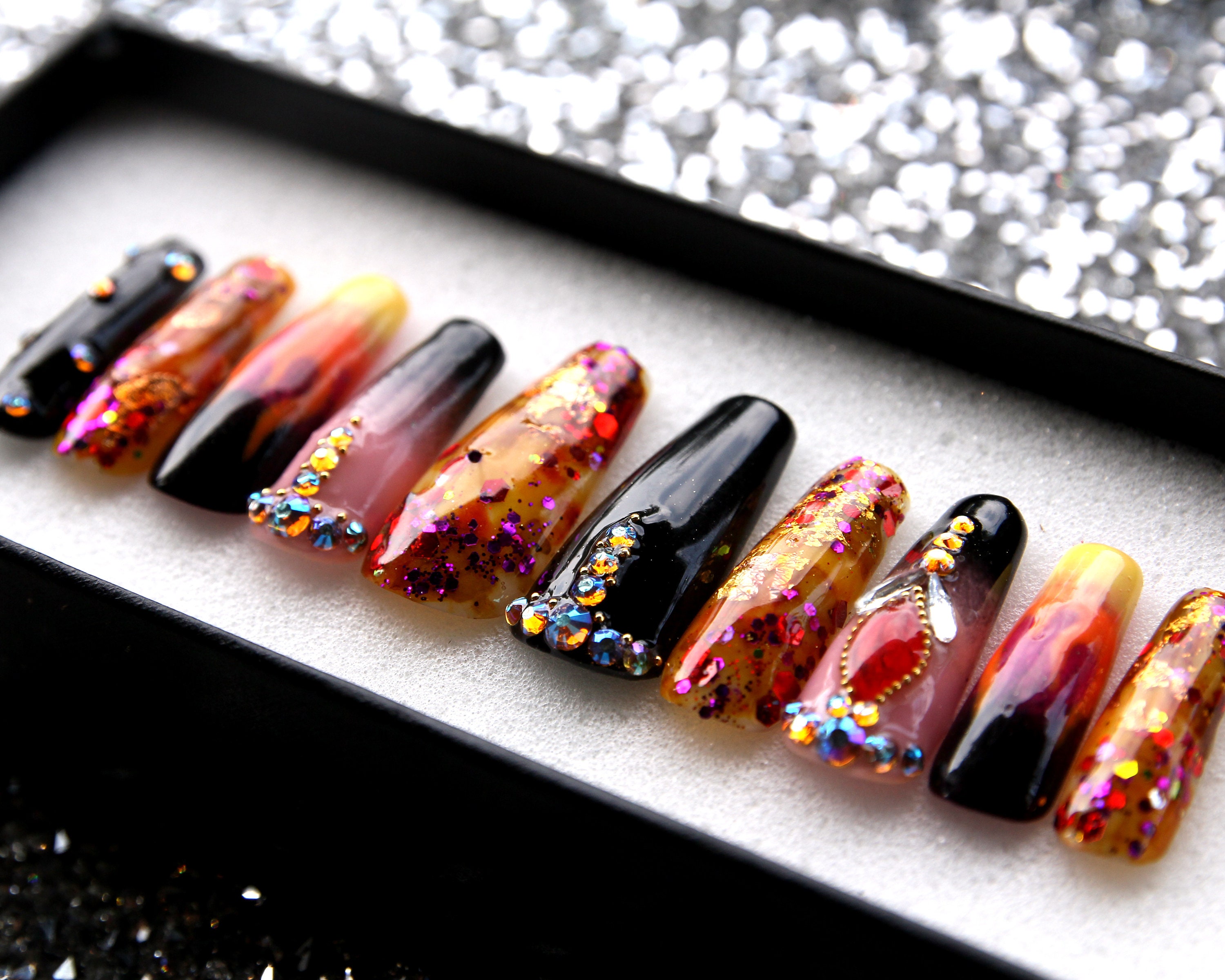 Coffin Nails Galaxy Mystery Hand Draw Fake Nails Press On | Etsy