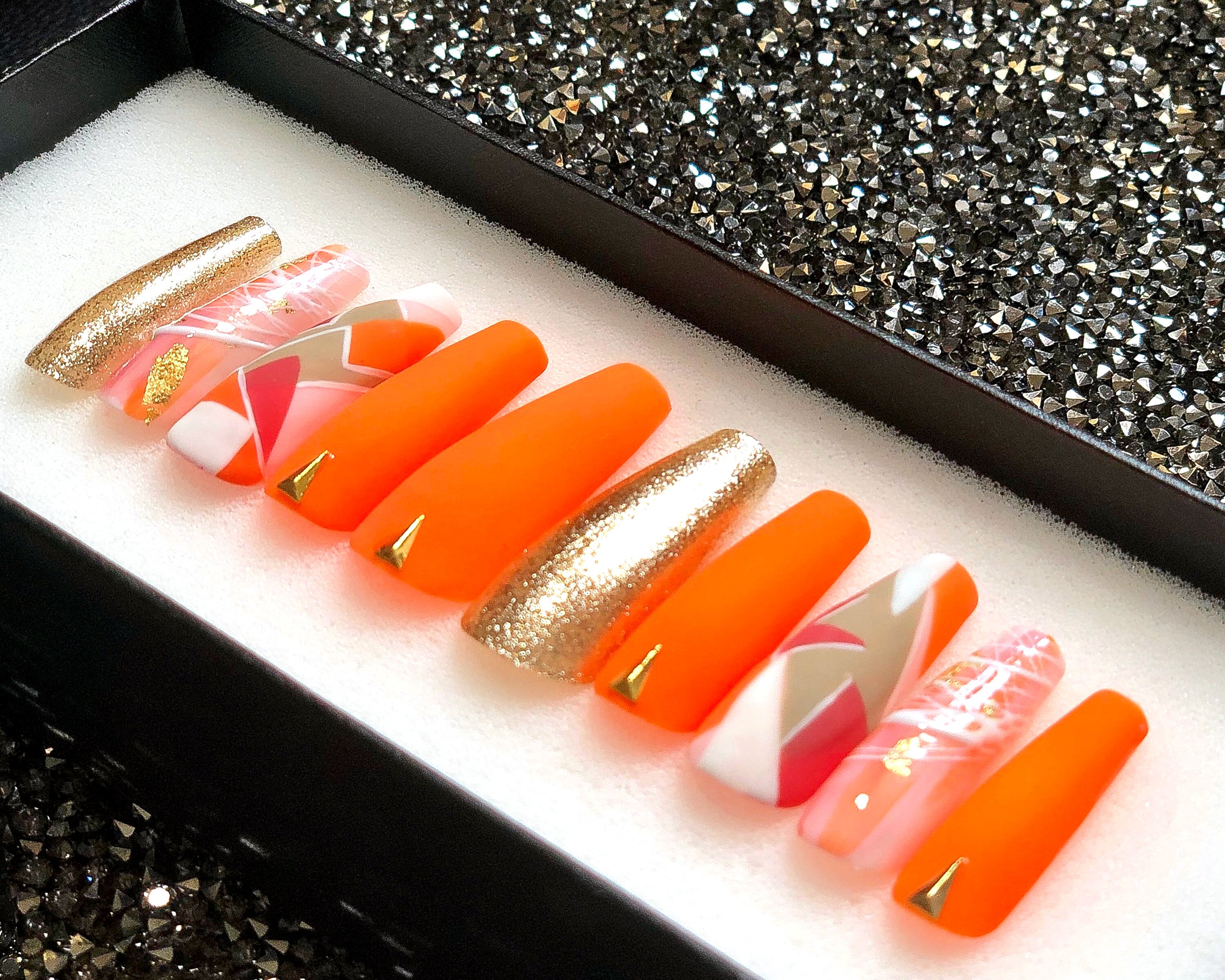 Abstract Glitter Press On Nails Coffin Orange Fake Nails | Etsy