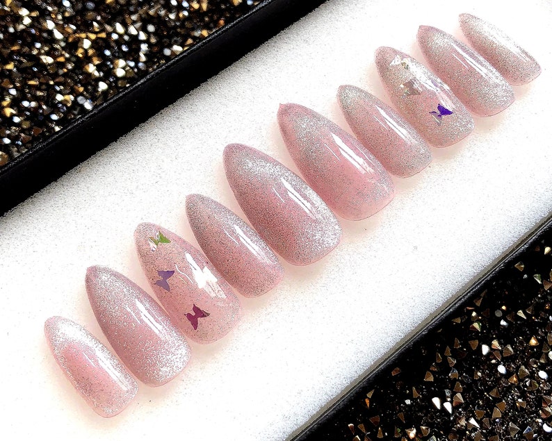 Almond Nails Pink Butterfly Press On Nails Almond Glue On | Etsy