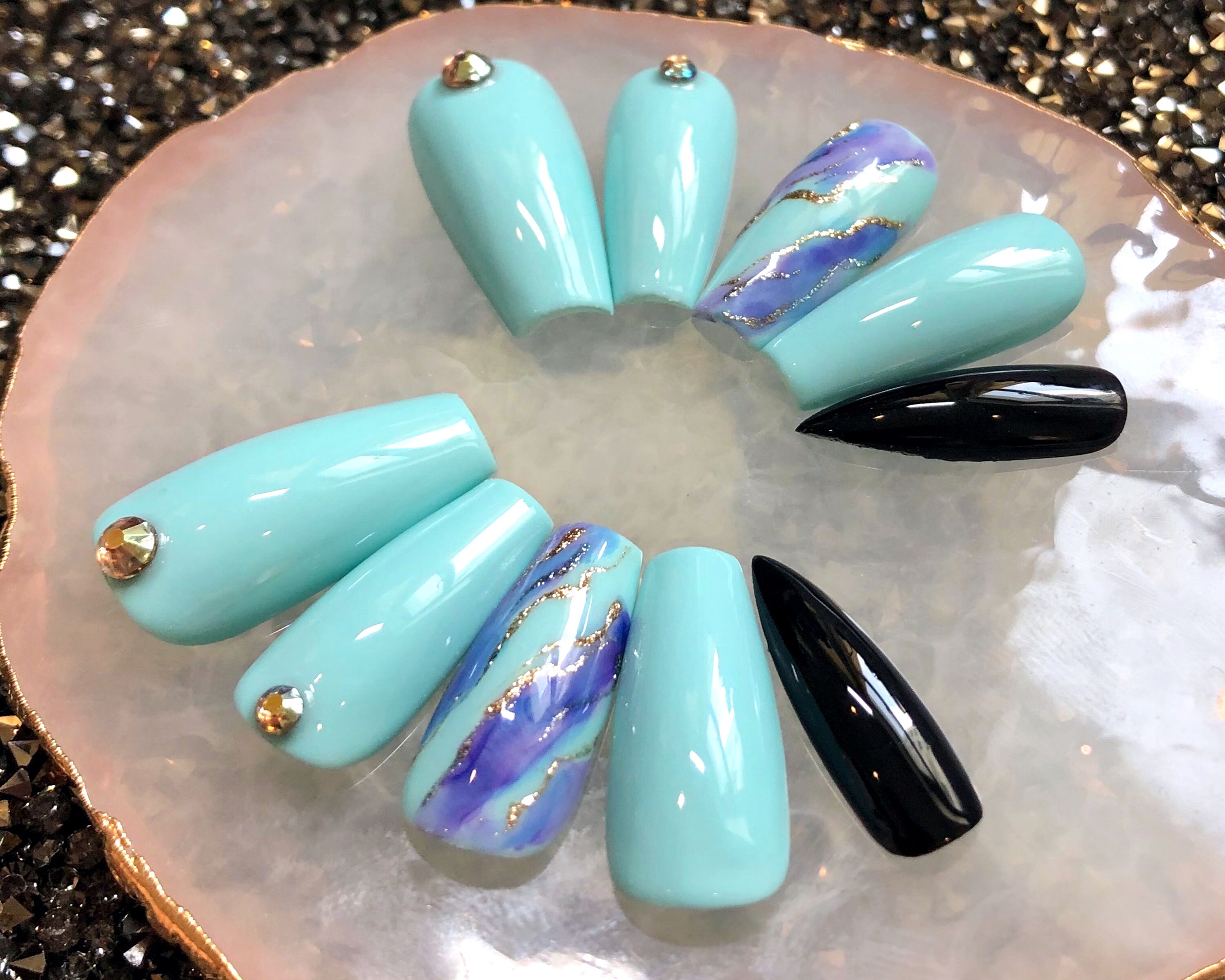 Aqua Blue Marble Fake Nails Coffin Press On Nails Glue On | Etsy