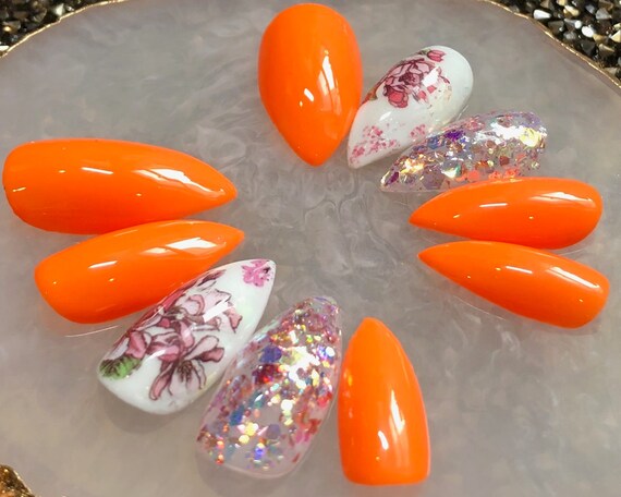 Fake Nails Orange Flowers Coffin Press On Nails Glue On | Etsy