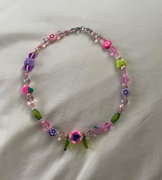 Buy Beaded Strawberry Necklace, Aesthetic, Y2k, Pink and Green, Mismatched  Choker, Beaded Necklace, Butterfly, Flowers, Pearls, Kidcore, 90s Online in  India - Etsy