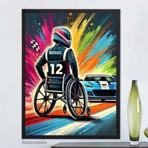 Pôster personalizado de arte para cadeira de rodas de corrida masculina - nome e número personalizados - decoração esportiva adaptativa vibrante para atletas e fãs (AB36)