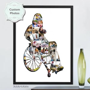 Gepersonaliseerde vrouw in rolstoel fotocollage - uniek cadeau voor verjaardagen, jubilea, speciale gelegenheden - aangepaste rolstoelkunst (AB46)