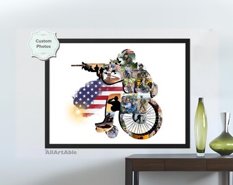 Custom USA Military Soldier in Wheelchair Photo Collage - Personalized Patriotic, Veterans Gift for Birthdays, and Special Occasions (AB26)