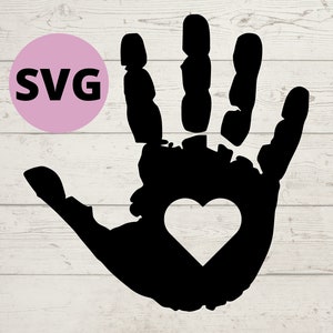 Handabdruck SVG mit Herz ausgeschnitten für Vinyl Aufkleber, Vektorbild, Schnittdatei für Cricut und Silhouette Schneidemaschinen, Kinderhand SVG, Cute