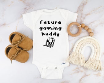 Future gaming buddy bodysuit for babies, Infant clothing for gamers, Baby gaming announcement, Cute gaming headset design, Baby shower gift