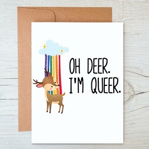 Cartes de coming out Oh deer, je suis homosexuel, carte LGBT+, carte surprise de sortie du placard, joli design de cerf arc-en-ciel, carte de coming out LGBT fier