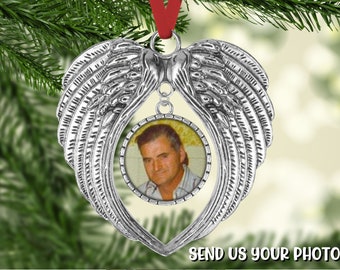 Angel wing memorial ornament with personal photo, Sweet memorial gift idea, Lightweight metal ornament with wings, Christmas in Heaven