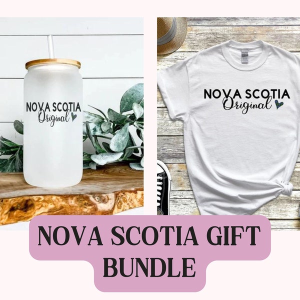 Nova Scotia Original gift bundle with matching t-shirt and 16oz beer can tumbler. Glass tumbler with bamboo lid and straw. Gift idea for NS.