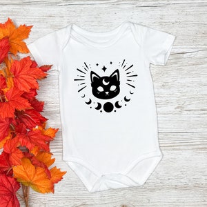Moon phase cat bodysuit for baby, Moon child shirt, Elegant crescent moon, Celestial baby clothes, Halloween gift for infant, Child witch