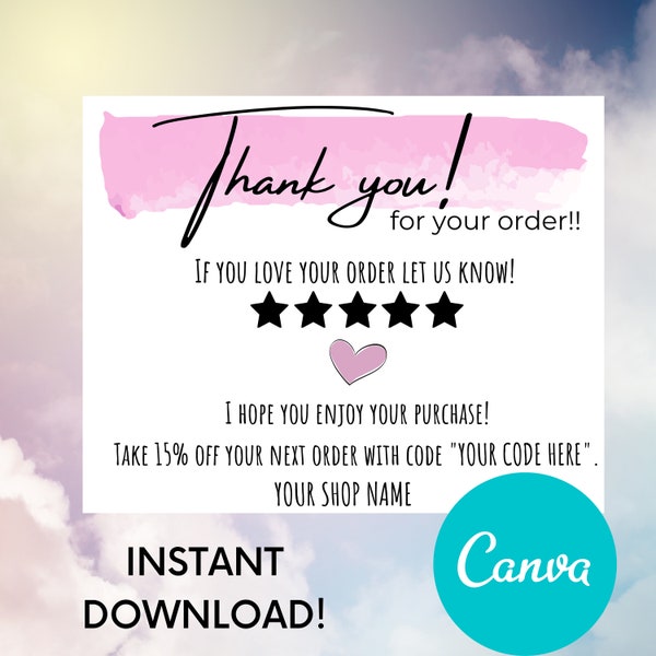 Editable business thank you card, Canva template, Instant download, Custom personalizable template, Print at home, Etsy Seller card