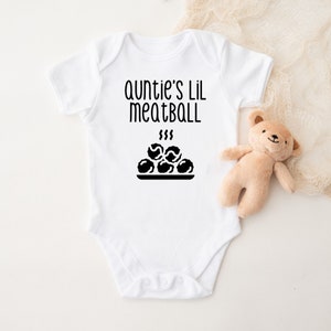 Auntie's Lil Meatball bodysuit for babies. Funny and cute handmade infant apparel. Baby shower gift idea for boy or girl with cute nickname.