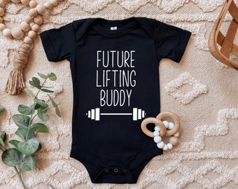 Future lifting buddy baby bodysuit, Weightlifting parents, Dad gym surprise, Pregnancy announcement, Baby shower gift, Cute infant clothes