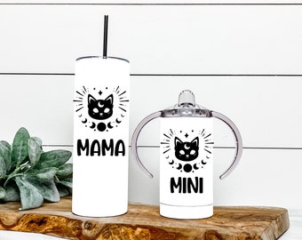 Moon cat phase tumbler set for mommy, Matching mama and mini white tumblers, 20oz tumbler with 12oz sippy cup, Celestial witchy tumbler set