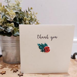 Pakket van 5 bedankkaartjes. Lieveheersbeestje op bladkaarten. Handgemaakt.