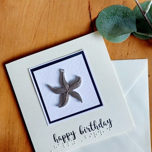 Cartão de aniversário da estrela do mar em Braille. Cartão de agradecimento em Braille. Cartão de parabéns em Braille. feito à mão. Presentes em Braille