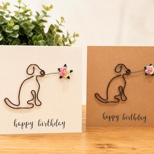 Tarjeta de cumpleaños hecha a mano con diseño de un labrador: perro de alambre con flor de papel. imagen 1