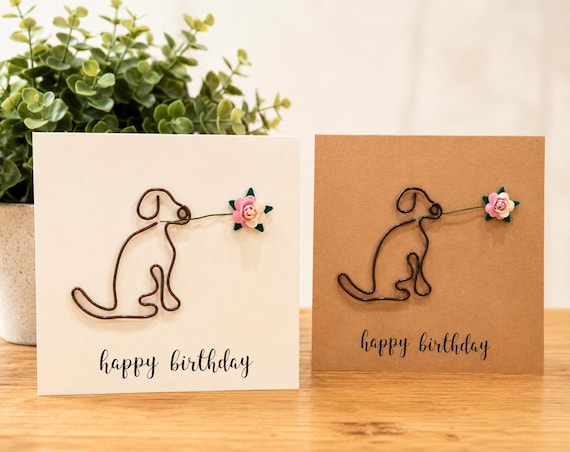 Handmade Labrador Birthday Card: Wire Dog with Paper Flower