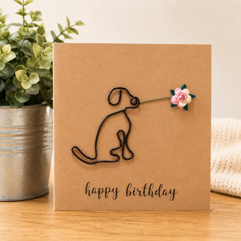 Tarjeta de cumpleaños hecha a mano con diseño de un labrador: perro de alambre con flor de papel. imagen 4