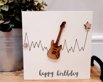 Wooden Electric Guitar Birthday Card. Fender Guitar Birthday Card. Bass Guitar Birthday card. Acoustic guitar card.  Guitar keyring